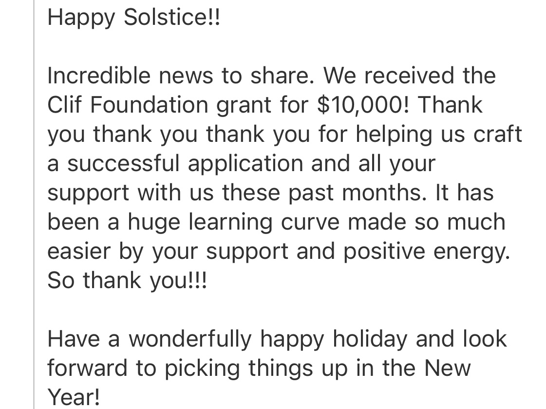 Client shares a $10,000 Clif Foundation grant win