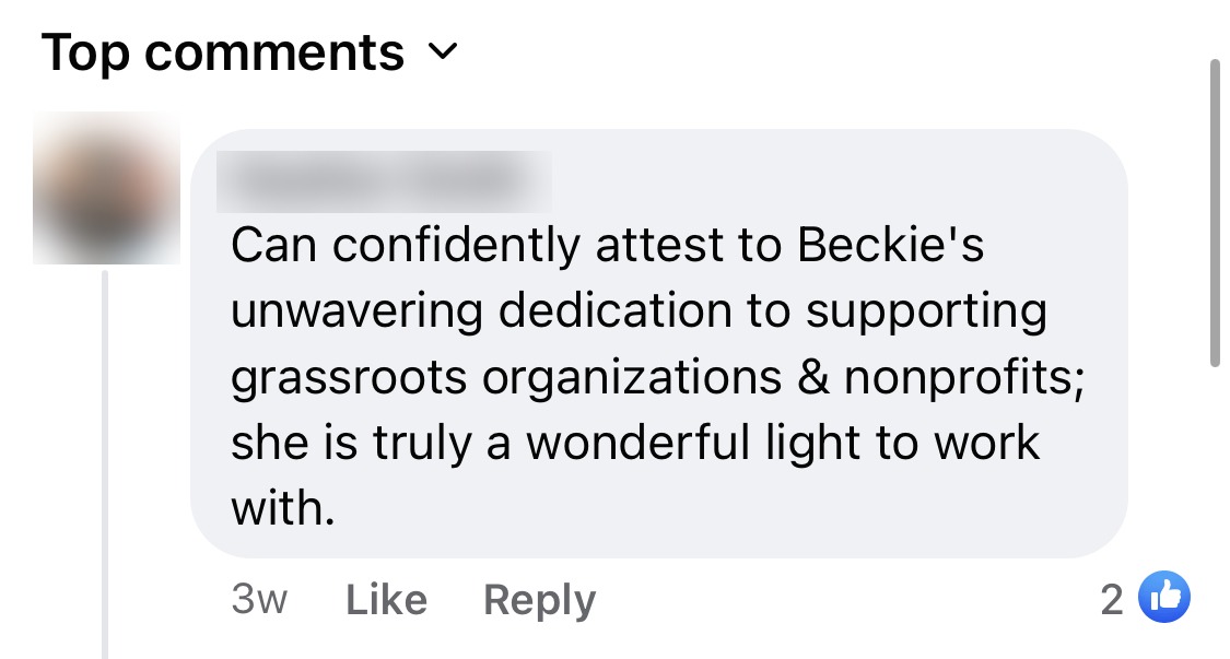 Heather Smith on Beckie's dedication to grassroots nonprofits
