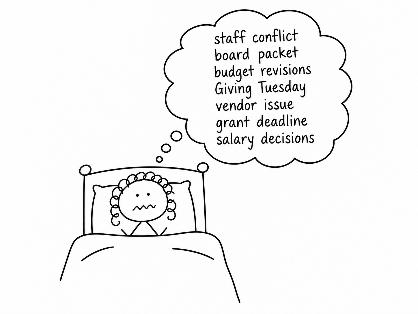 An awake worker thinks about a stack of work tasks while lying in bed